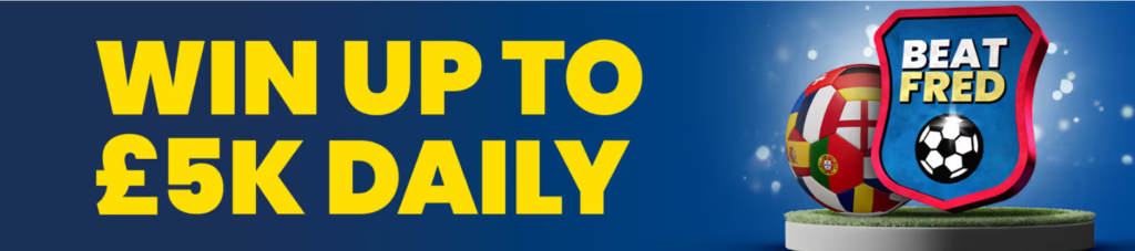 Image to highlight how much miney you can win with the free euro 24 game at Betfred. It says "win up to £5k daily" in yellow text on a blue background with a football made out of European flags on a round piece of grass.